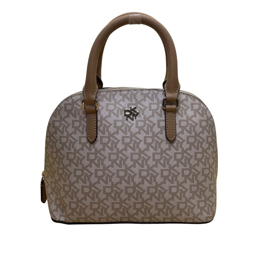 Dkny Women’s Grey Coated Canvas Monogram Dome With Crossbody Strap Clutch Bag